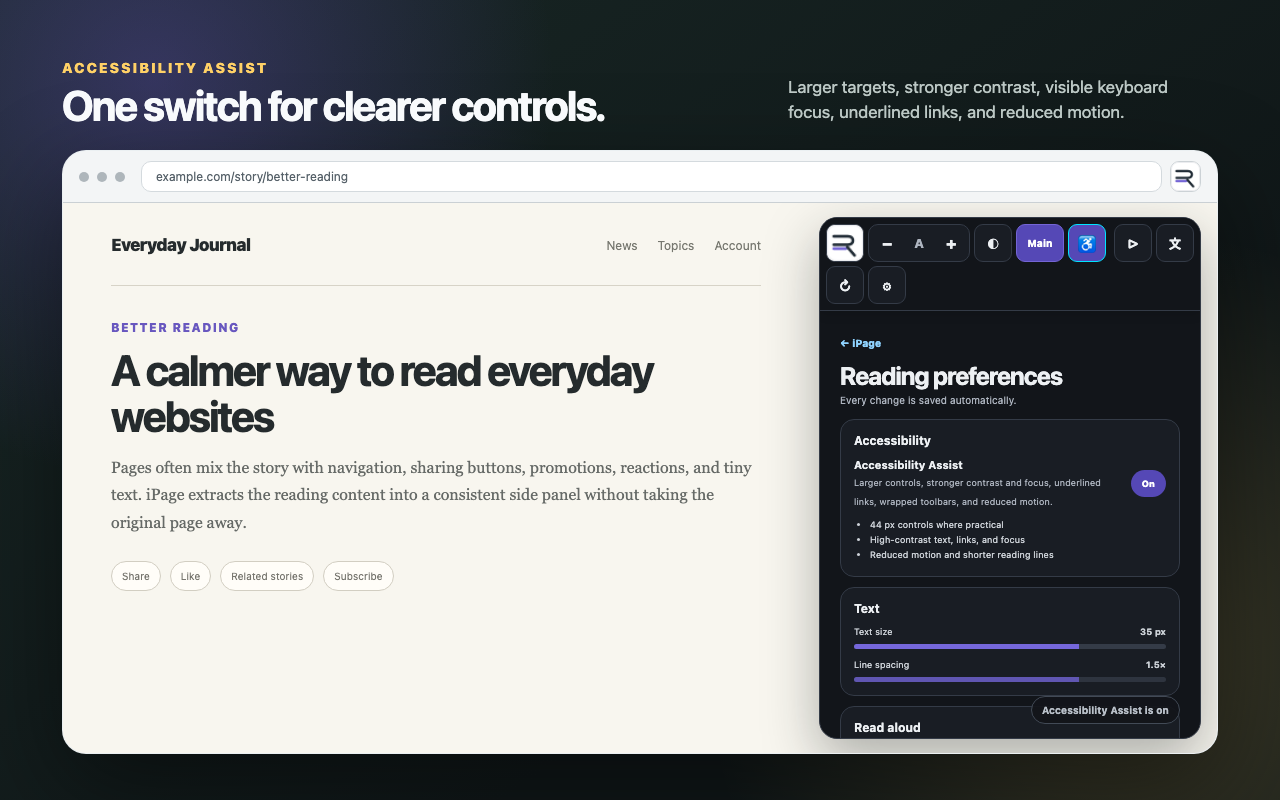 iPage Accessibility Assist and reading preference controls