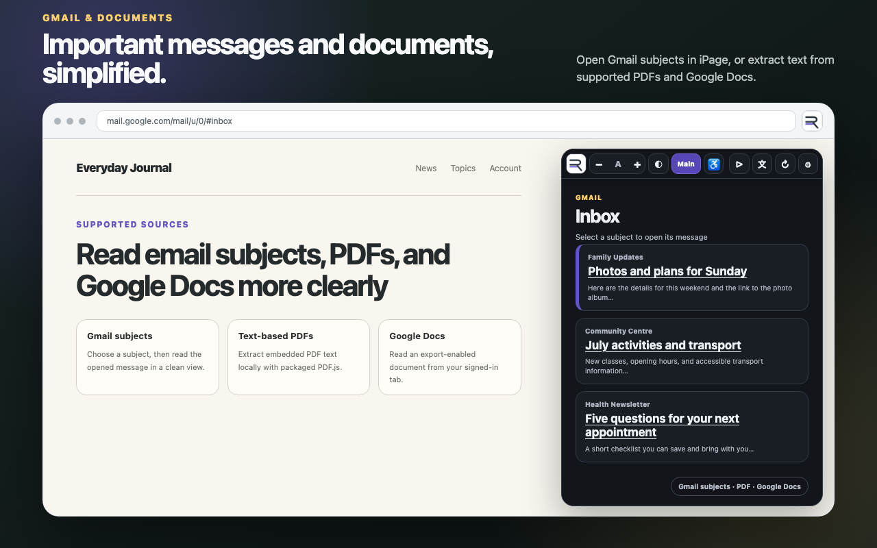 iPage showing simplified Gmail subjects and support for PDFs and Google Docs