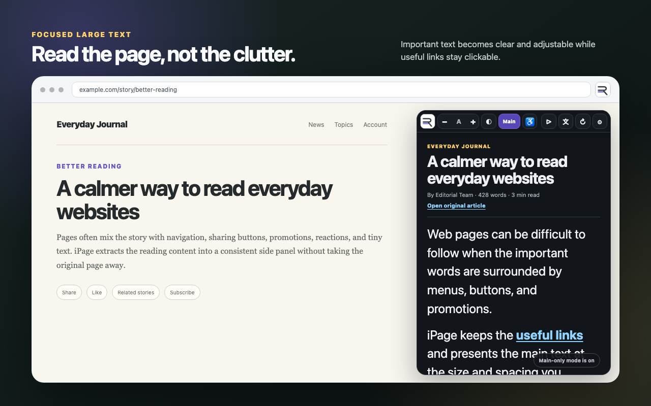 iPage showing a webpage as focused large text with Main-only mode enabled