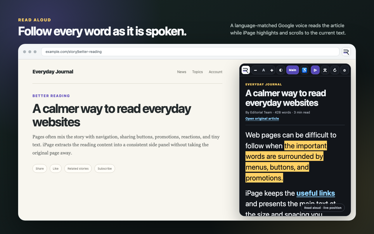 iPage read aloud highlighting the text currently being spoken