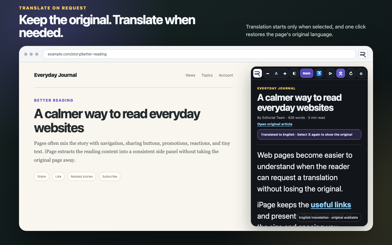 iPage translating a page only after the user selects Translate