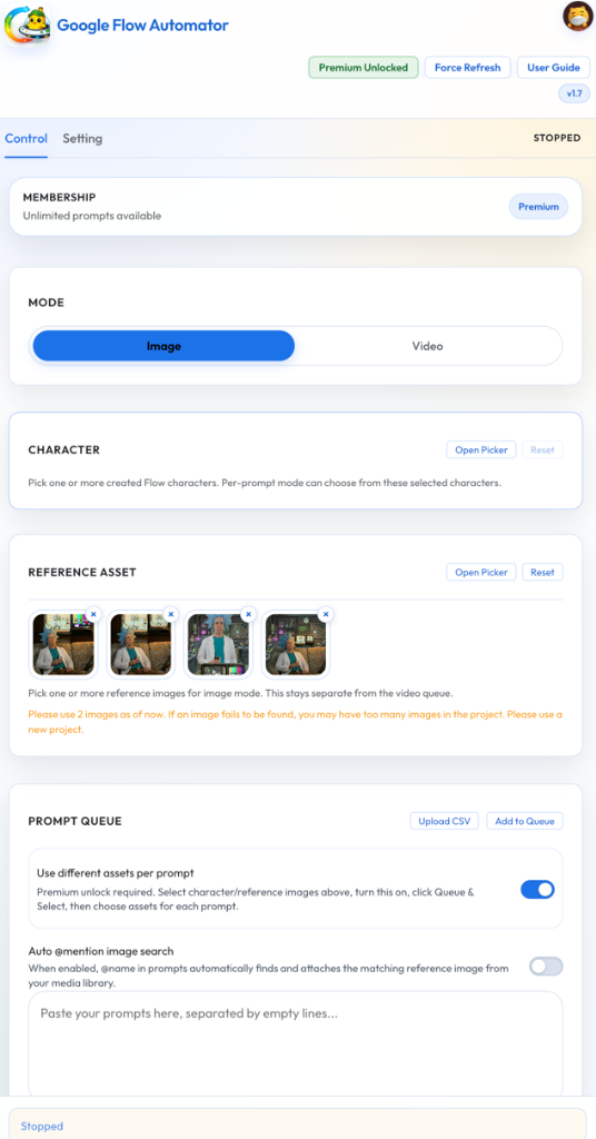 Google Flow Automator Settings Panel